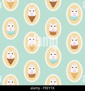 Vector pattern with white bunny with heart, ice cream, cake and polka dots bows in laced frames. Abstract flat vintage design. Stock Vector