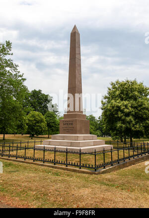 The Speke Monument is a red granite statue in Kensington Gardens London England UK dedicated to John Hanning Speke the explorer Stock Photo