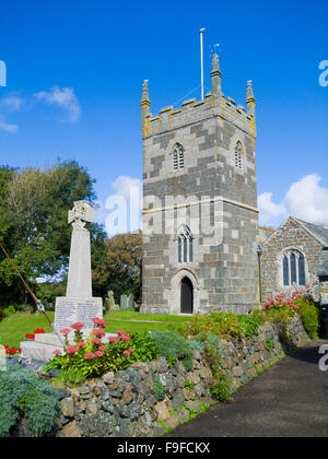 Saint Mellanus Anglican Church, Mullion Village, Lizard Peninsula, Cornwall, England, UK in Summer Stock Photo