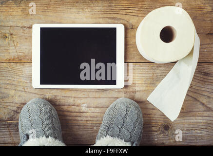 Toilet mix on a wooden floor background. View from above. Stock Photo