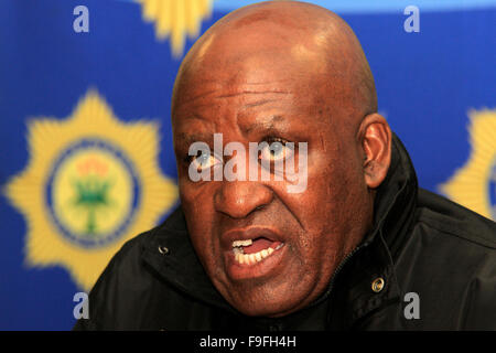 Durban. 16th December, 2015. Major General Berning Ntlemeza, the head of the South African  police's elite Directorate for Priority Crime Investigations tells reporters that he has submitted a proposal that anyone convicted of being illegally in possession of a gun should be subjected to a minimum term of life imprisonment, which in South Africa is 25 years, before parole consideration. Ntlemeza was speaking at a press conference to launch the police's annual festive season crackdown. Credit:  Giordano Stolley/Alamy Live News Stock Photo