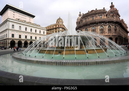 Water fountain in Piazza de Ferrari, Genoa town, Liguria, Italy, Europe. Stock Photo