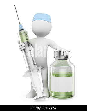 3d white people. Nurse with a syringe and vaccine. Isolated white background. Stock Photo