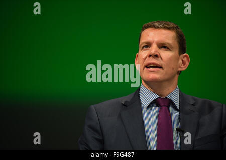 UK Politics: RHUN AP IORWERTH , member of the The Plaid Cymru 'shadow cabinet' on the platform at the party's 2015 Annual Conference at Aberystwyth Wales UK Stock Photo