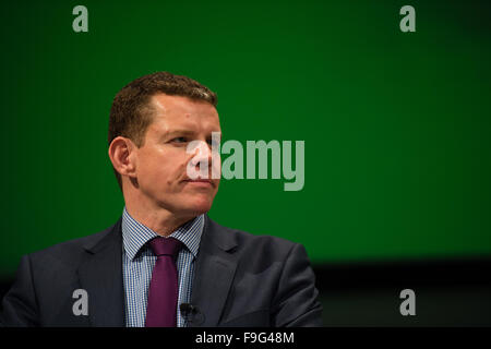 UK Politics: RHUN AP IORWERTH , member of the The Plaid Cymru 'shadow cabinet' on the platform at the party's 2015 Annual Conference at Aberystwyth Wales UK Stock Photo