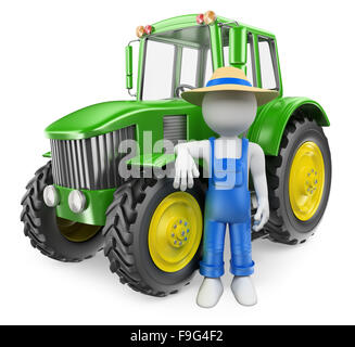 3d white people. Farmer with his modern tractor. Isolated white background. Stock Photo