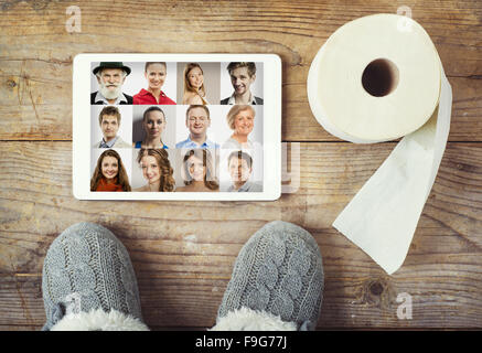 Toilet mix on a wooden floor background. View from above. Stock Photo