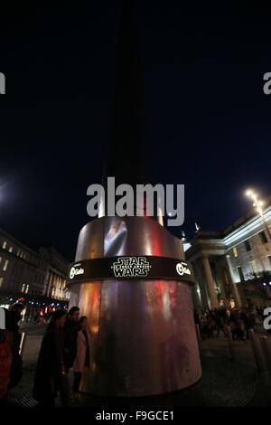 Dublin, Ireland. 16th Dec, 2015. Image of the Spire monument in Dublin city centre modified to resemble a lightsabre to celebrate the release of Star Wars The Force Awakens. Credit:  Brendan Donnelly/Alamy Live News Stock Photo