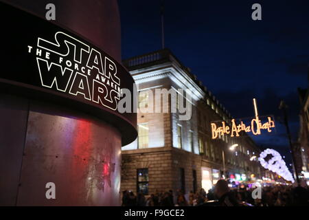 Dublin, Ireland. 16th Dec, 2015. Image of the Spire monument in Dublin city centre modified to resemble a lightsabre to celebrate the release of Star Wars The Force Awakens. Credit:  Brendan Donnelly/Alamy Live News Stock Photo