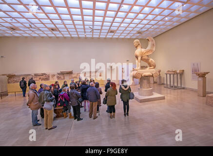 The marble Naxian Sphinx which dominated the Apollo's sanctuary is found in Delphi  museum, in Fokida region, central Greece Stock Photo