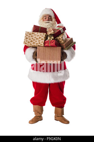 Santa Claus holding stack of gift boxes Full-Length Portrait Stock Photo