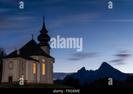 Pilgrimage church Maria Gern at dusk, Mount Watzmann behind, Berchtesgaden, Bavaria, Germany Stock Photo