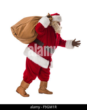 Santa Claus with big red bag full of Christmas presents on white ...