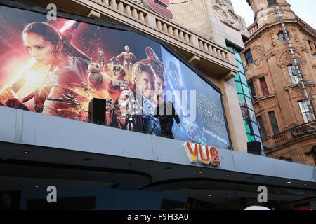 London, UK. 16th December, 2015.  Preparations are underway before the Star Wars Premiere - The Force Awakens, in Leicester Square, London.  Credit:  Paul Marriott/Alamy Live News Stock Photo