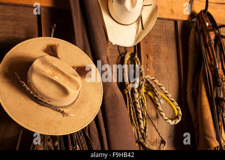 stetsons hanging in tack barn, Alisal Guest Ranch, Solvang, California Stock Photo
