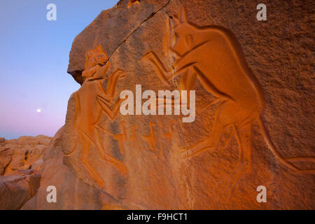 Rock art at moonset in Wadi Methkandoush, LIbya , Sahara Desert , Fighting figures up to 10,000 years old, Wild Fauna Period  so Stock Photo