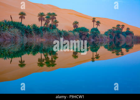 Umm-al-Maa Lake reflections, Sahara Desert, LIbya Ubari Lakes, Ubari Sand Sea  Natural salt lakes in Sahara interior Stock Photo