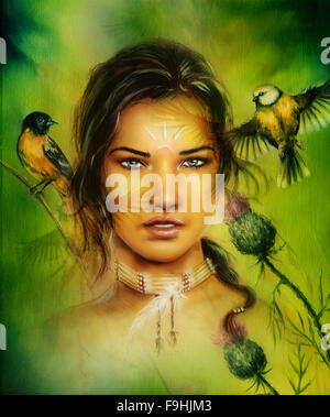 beautiful portrait of a young enchanting woman face with birds, on green painting background illustration Stock Photo