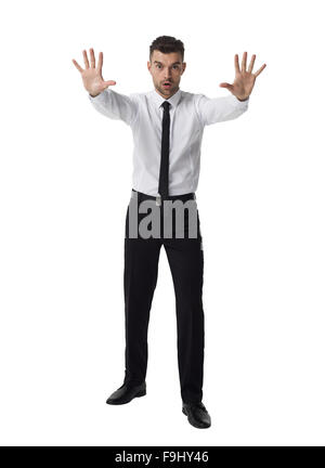 Businessman showing stop gesture Full Length Portrait isolated on White Background Stock Photo