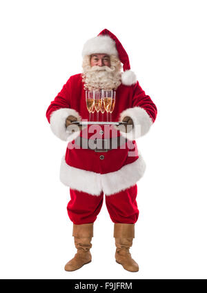 Santa Claus holding champagne on tray Full Length Portrait Isolated on White Background Stock Photo