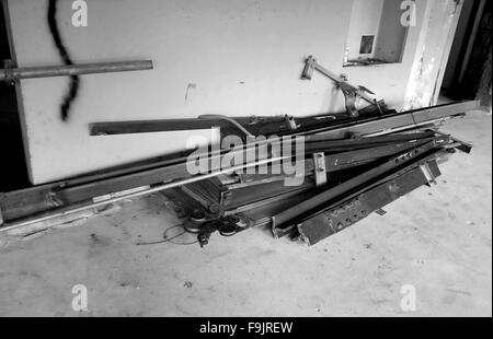 Old elevator or lift equipment being removed during refurbishment. 2014 Stock Photo