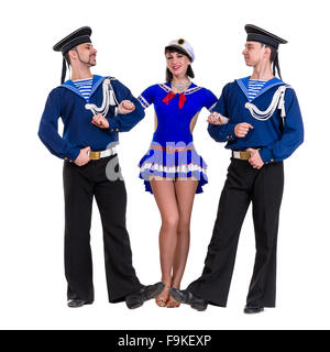 dancer team dressed as a sailors posing. Isolated on white background in full length. Stock Photo