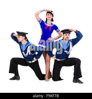 dancer team dressed as a sailors posing. Isolated on white background in full length. Stock Photo