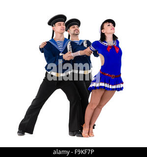 dancer team dressed as a sailors posing. Isolated on white background in full length. Stock Photo