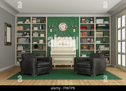 Luxury living room with large bookcase full of books  two black classic armchairs and upright  piano - 3D Rendering Stock Photo