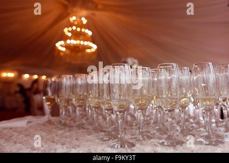 Many glasses of champagne at wedding reception Stock Photo