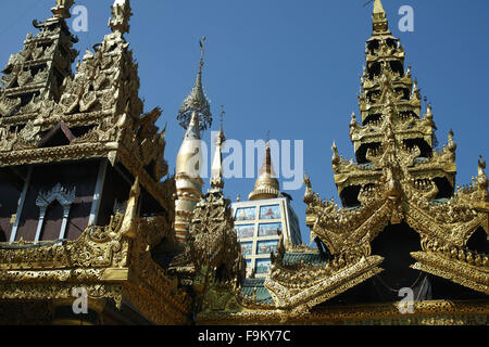 Shrines and stupas around the Beautiful Shwedagon Pagoda in Yangon. Stock Photo