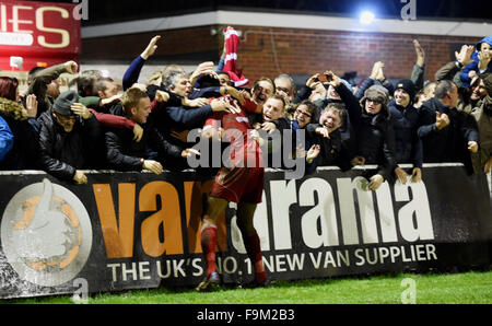 Brighton UK 16th December 2015 - Fans celebrate with Danny Mills after he had scored at the FA Cup 2nd Round replay match between Whitehawk and Dagenham and Redbridge at the Enclosed Ground in Brighton Stock Photo