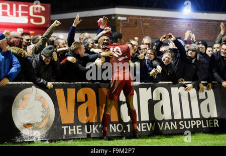Brighton UK 16th December 2015 - Fans celebrate with Danny Mills after he had scored at the FA Cup 2nd Round replay match between Whitehawk and Dagenham and Redbridge at the Enclosed Ground in Brighton Stock Photo