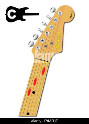 An electric guitar neck with the chord shape for C major indicated with red buttons Stock Vector