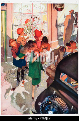 Christmas, 1936, UK. An old advertisement for Dunlop tyres in the Illustrated London News magazine, showing a happy family with their Christmas shopping outside a Dunlop shop window Stock Photo