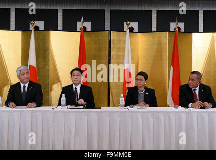 (151217) -- TOKYO, Dec. 17, 2015 (Xinhua) -- (From L to R) Japanese Defense Minister Gen Nakatani, Japanese Foreign Minister Fumio Kishida, Indonesian Foreign Minister Retno Marsudi and Indonesian Defense Minister Ryamizard Ryacudu attend a joint press conference after the 1st '2 2' talks involving foreign and defense ministers of Japan and Indonesia, in Tokyo, capital of Japan, on Dec. 17, 2015. Japan and Indonesia on Thursday agreed to boost cooperation in defense equipment and technologies transfer during their first 'two plus two' talks here involving foreign and defense ministers of the t Stock Photo
