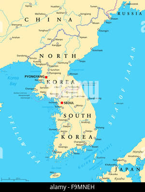 Korean peninsula political map with North and South Korea and the capitals Pyongyang and Seoul. Stock Photo