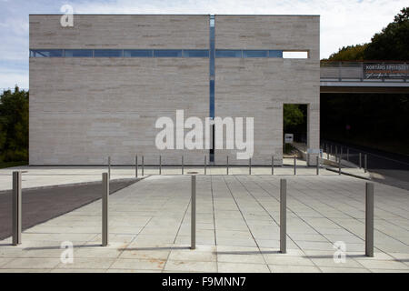 Pannonhalma Benedictine Abbey and visitors centre, Pannonhalma, Hungary. An exterior view of the striking blue-glazed cross set into the wall of the modern visitor centre at Pannonhalma. Stock Photo