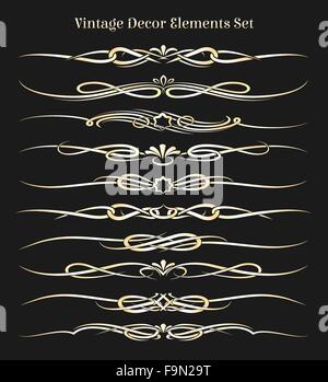 Vintage Decor Elements set. Golden headers and dividers isolated on black. Stock Vector