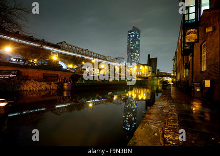 Night time image of the Castlefield basin of the Rochdale Canal, Manchester city centre. Picture by Paul Heyes, Monday December Stock Photo