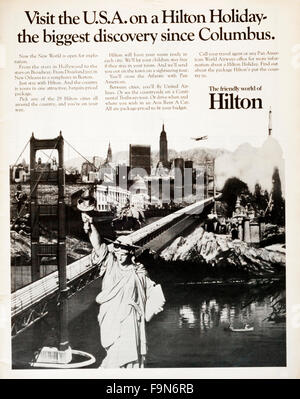 1960s magazine advertisement advertising Hilton holidays in America. Stock Photo