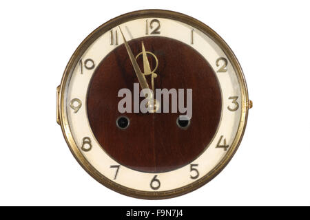 Old antique wall clock isolated on white, closeup Stock Photo