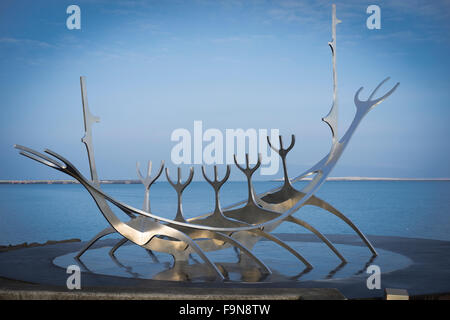 The Sun Voyager sculpture (Icelandic: Sólfar) on the sea front at Reykjavik in iceland, designed by Jón Gunnar Árnason. Stock Photo