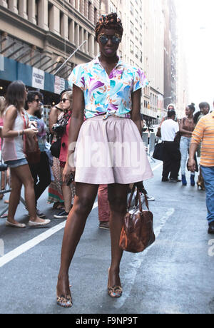 A guest coming out of the Calvin Klein Fashion Show Stock Photo