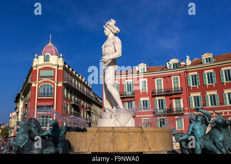Fountain of the Sun with Apollo statue on Place Massena in Nice, France Stock Photo