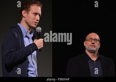 Laslo Names, director of Son of Saul, interviewed by Joe Neumaier, New York Film Critics Circle, after a screening during Hampto Stock Photo