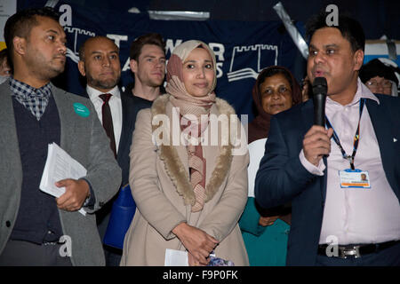 London, UK. 17th December, 2015. Shafi Ahmed, council member of the Royal College of Surgeons, addresses the Christmas Rally for the NHS outside the Old Royal London Hospital alongside Councillors Oliur Rahman and Rabina Khan. Credit:  Mark Kerrison/Alamy Live News Stock Photo