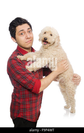 Young man with dog isolated on white Stock Photo