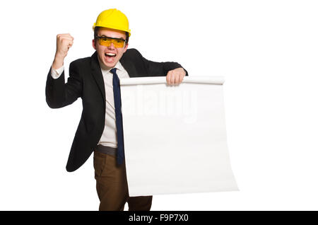 Funny architect with drawings on white Stock Photo