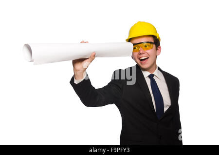 Funny architect with drawings on white Stock Photo